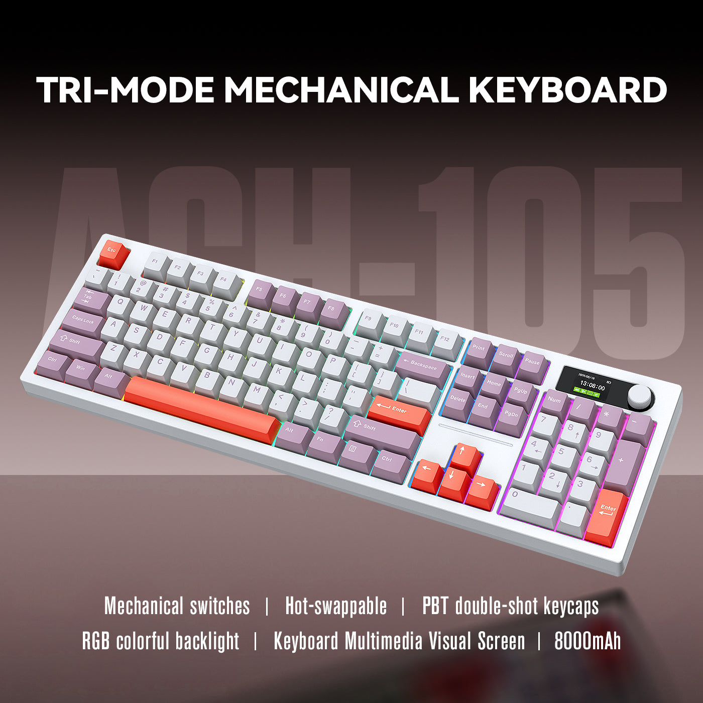 Siukie ACH105 Clavier mécanique 104 touches avec écran couleur, interrupteur détachable, 3 modes RGB, violet pastel et blanc