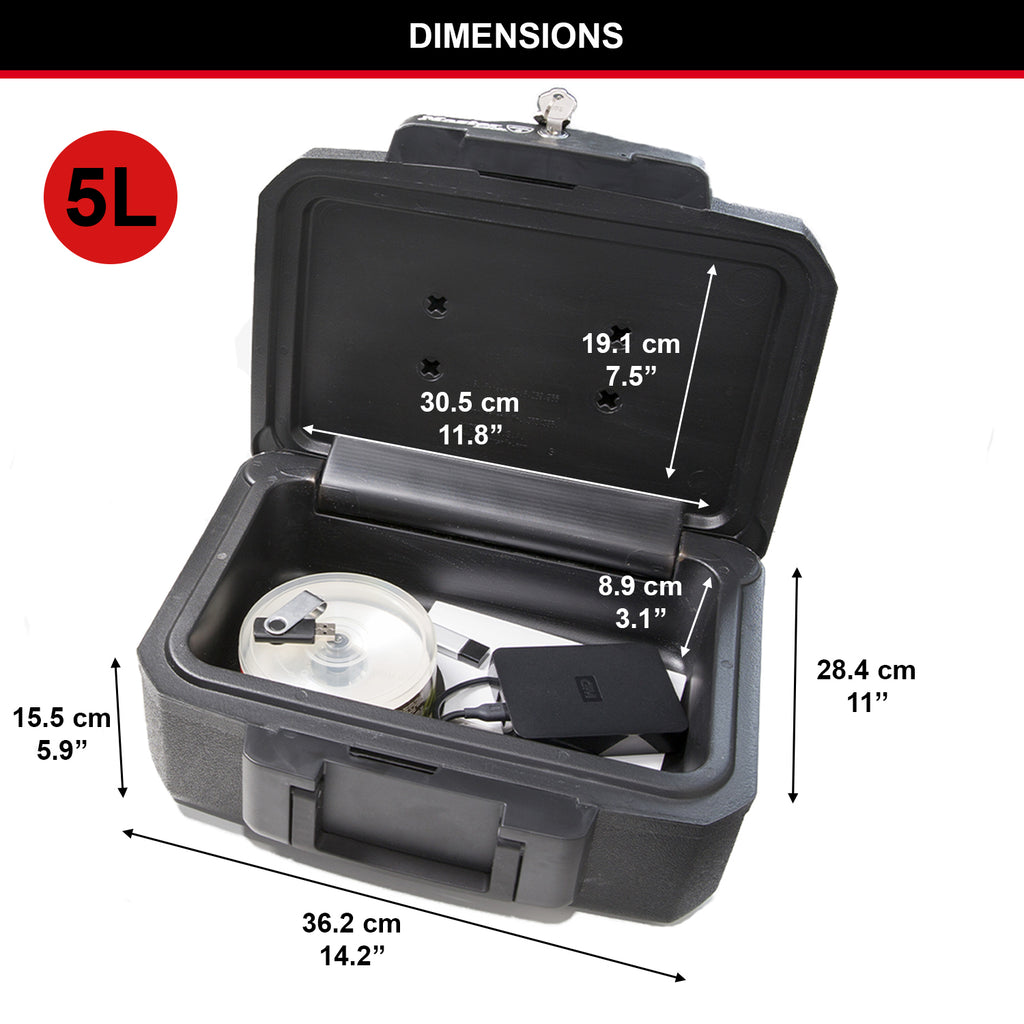 Master Lock Boîte de coffre-fort certifiée ignifuge avec clé, 5 L, 362 x 156 x 284 mm, portable avec poignée de transport, noire, pour la maison et les professionnels