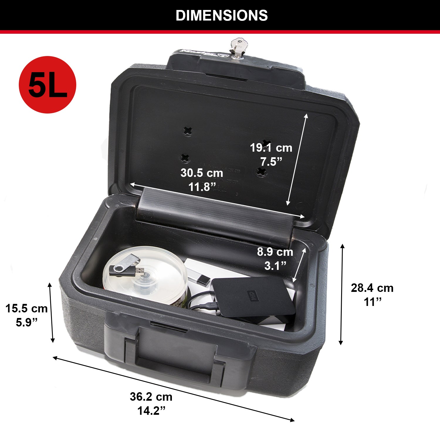 Master Lock Boîte de coffre-fort certifiée ignifuge avec clé, 5 L, 362 x 156 x 284 mm, portable avec poignée de transport, noire, pour la maison et les professionnels