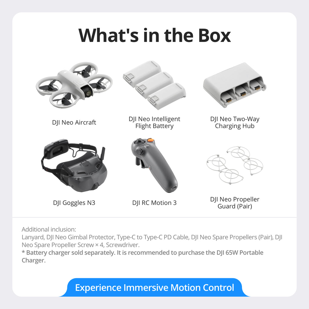 DJI Neo Motion Fly More Combo, mini drone 135 g avec caméra 4K UHD, auto-suiveur, décollage paume, suivi de sujet, QuickShots, RC Motion 3 et 3 batteries