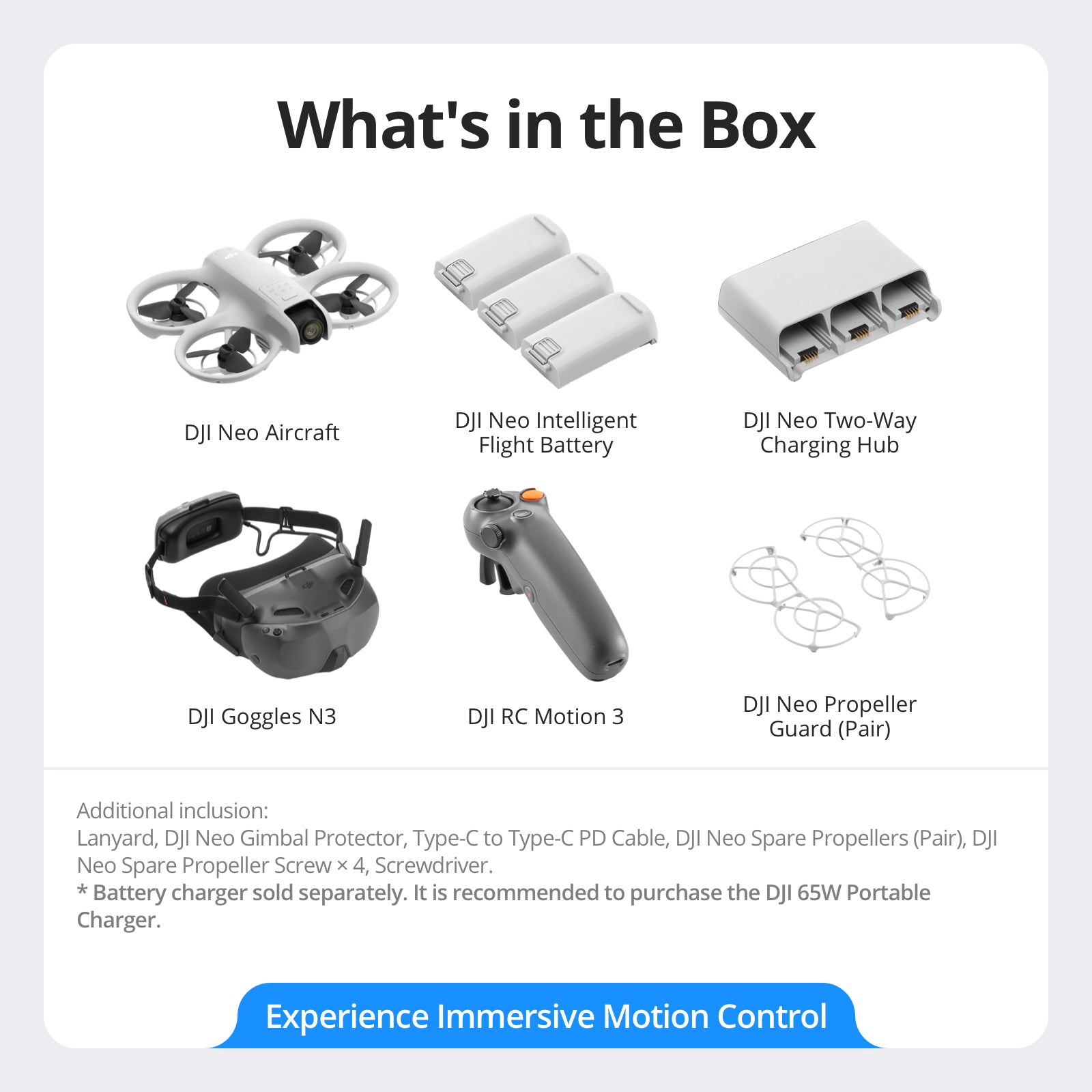 DJI Neo Motion Fly More Combo, mini drone 135 g avec caméra 4K UHD, auto-suiveur, décollage paume, suivi de sujet, QuickShots, RC Motion 3 et 3 batteries