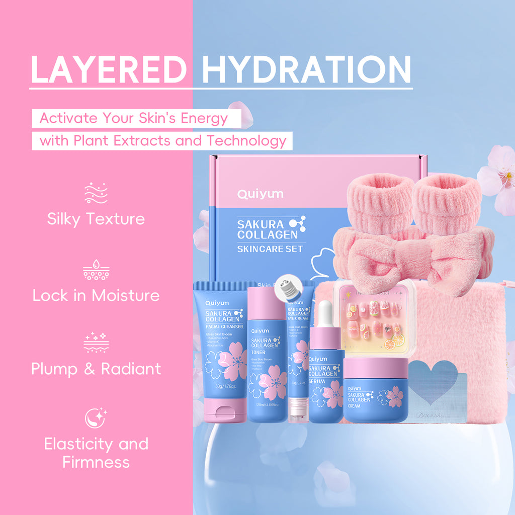 Quiyum Kit de soins au collagène Sakura (8 pièces) : Comprend nettoyant 50g, tonique 120ml, sérum 30ml, crème contour des yeux 20g, crème 50g, serre-tête