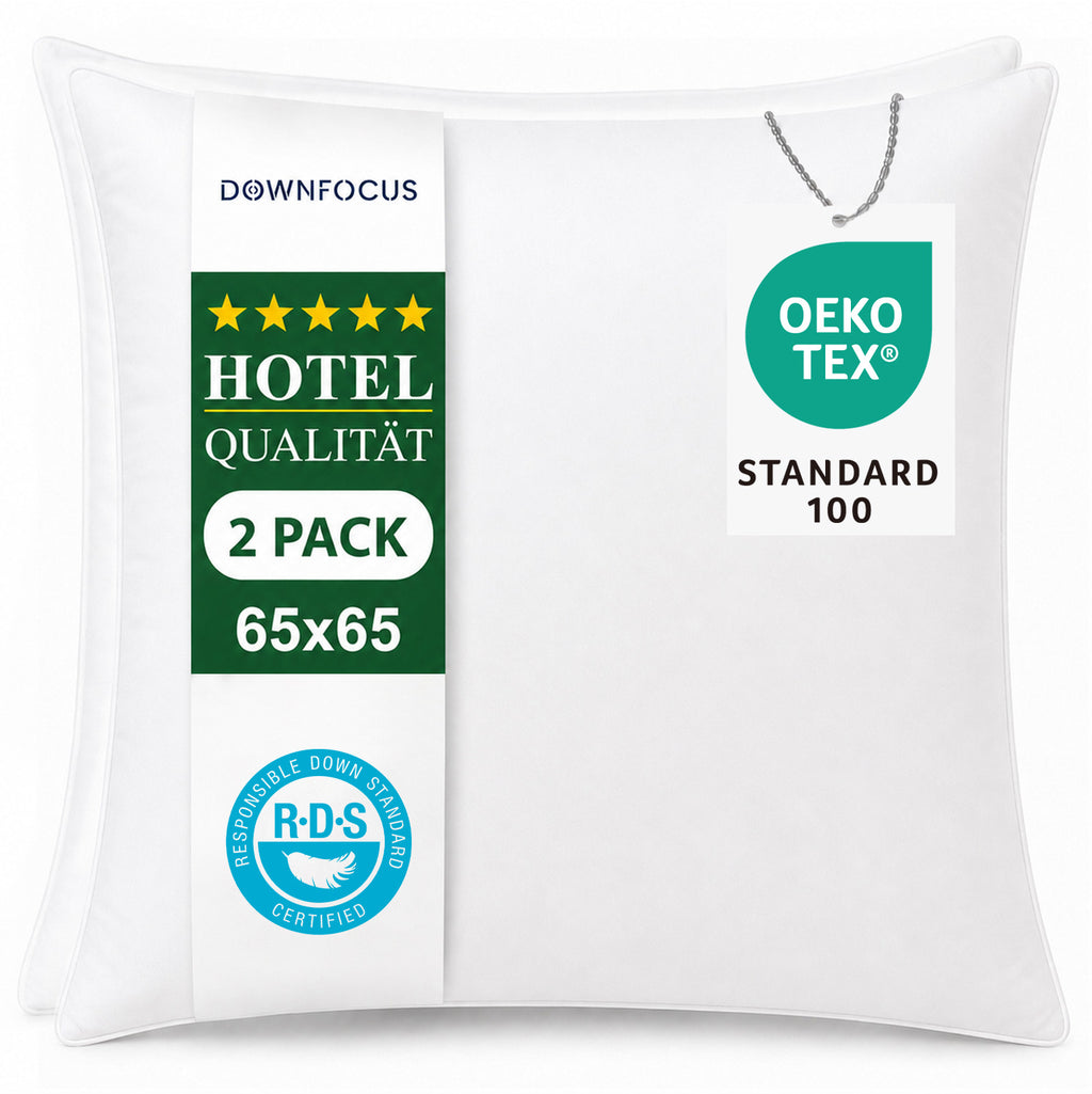 DOWNFOCUS Oreillers de lit en plumes 100 % avec housse en coton 100 %, blanc, design classique, garnissage en plumes 1200 g, inserts d'oreiller standard et doux, 65 x 65 cm, lot de 2