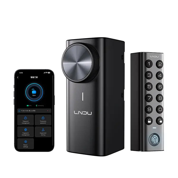 LNDU DL500 Serrures connectées, installation facile, système de sécurité intérieur avec identification par empreinte digitale, rétrofit électrique pour porte extérieure