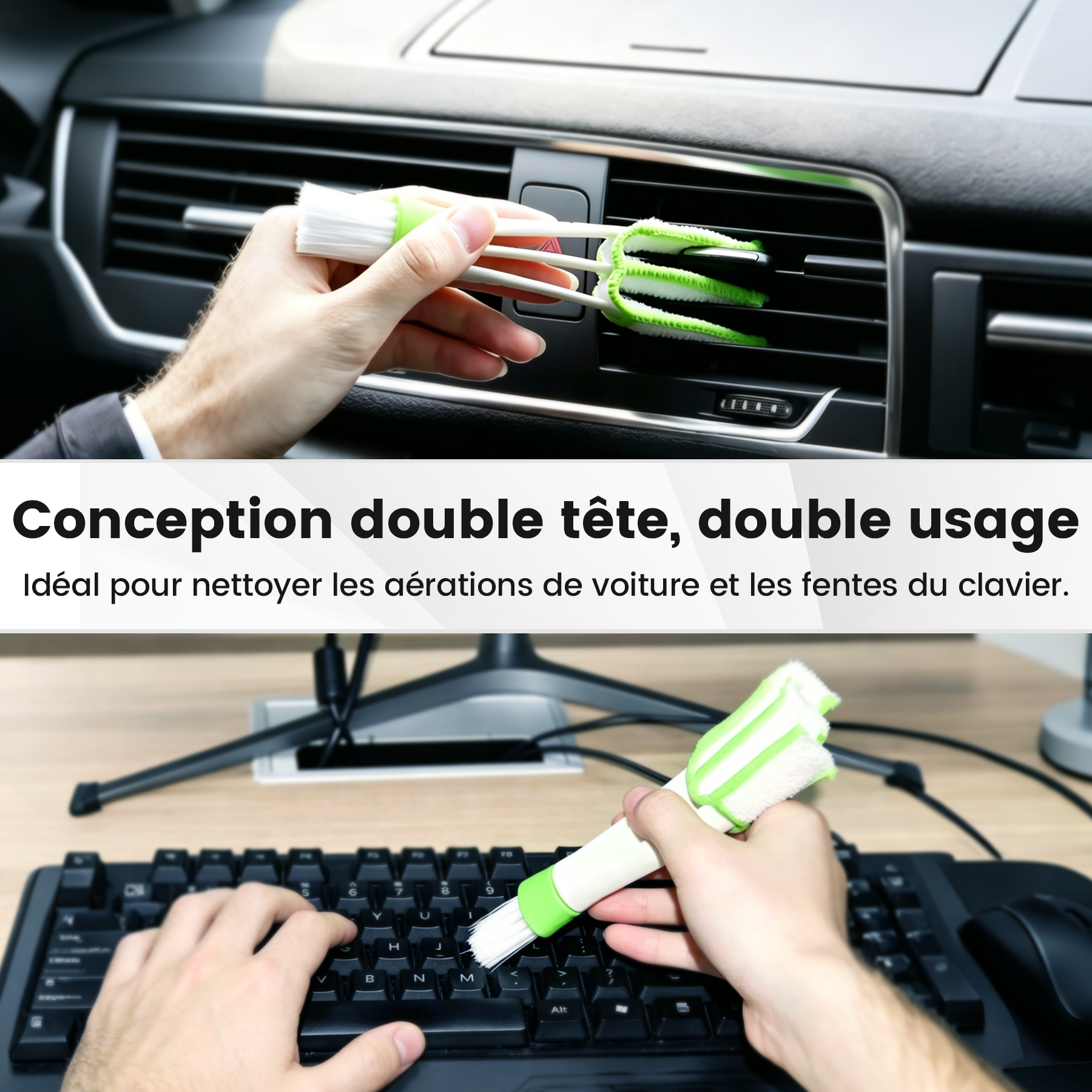 Brosse de nettoyage de grille d’aération verte, Brosse de climatisation auto avec microfibre, Détachable et lavable, Brosse multifonction pour intérieur de voiture, clavier et stores, 1 pièce