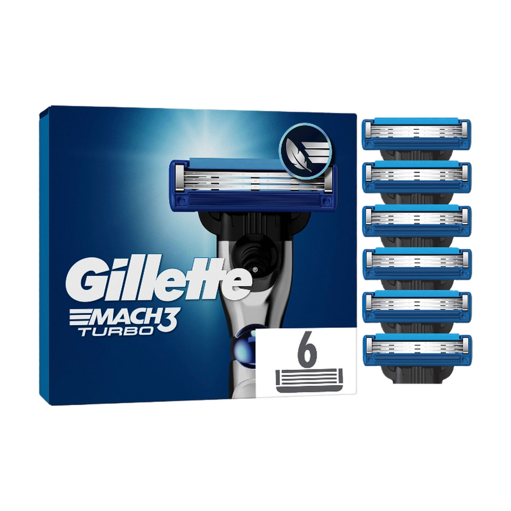 Gillette Lames de Rasoir Homme Mach 3 Turbo, Pack de 6 | Cartouche avec un Revêtement pour Réduire la Pression sur la Peau, en Acier Inoxydable, 1 Recharge Jusqu’à 15 Rasages