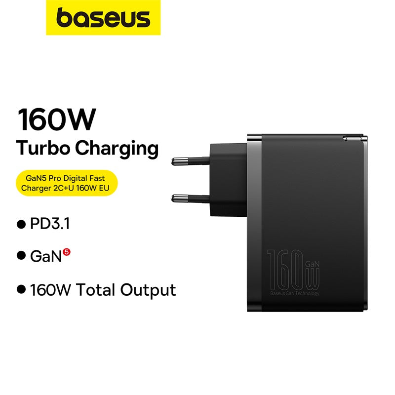 Baseus GaN5 Pro Chargeur rapide numérique 2C+U 160 W EU Noir Avec câble de charge rapide Superior Series Type-C vers Type-C 240 W 48V/5A