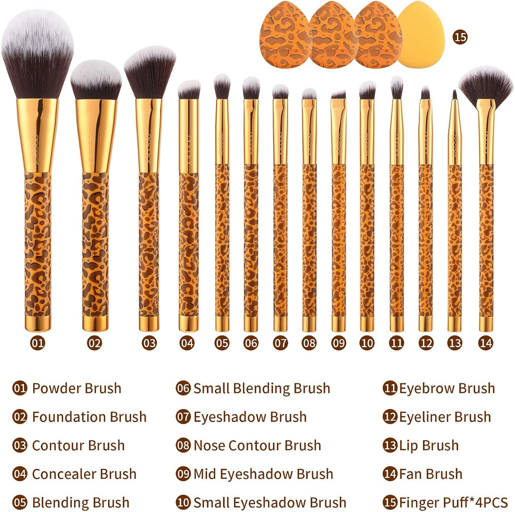 Docolor Coffret Cadeau 14 Pièces Pinceaux de Maquillage Imprimé Léopard Doré