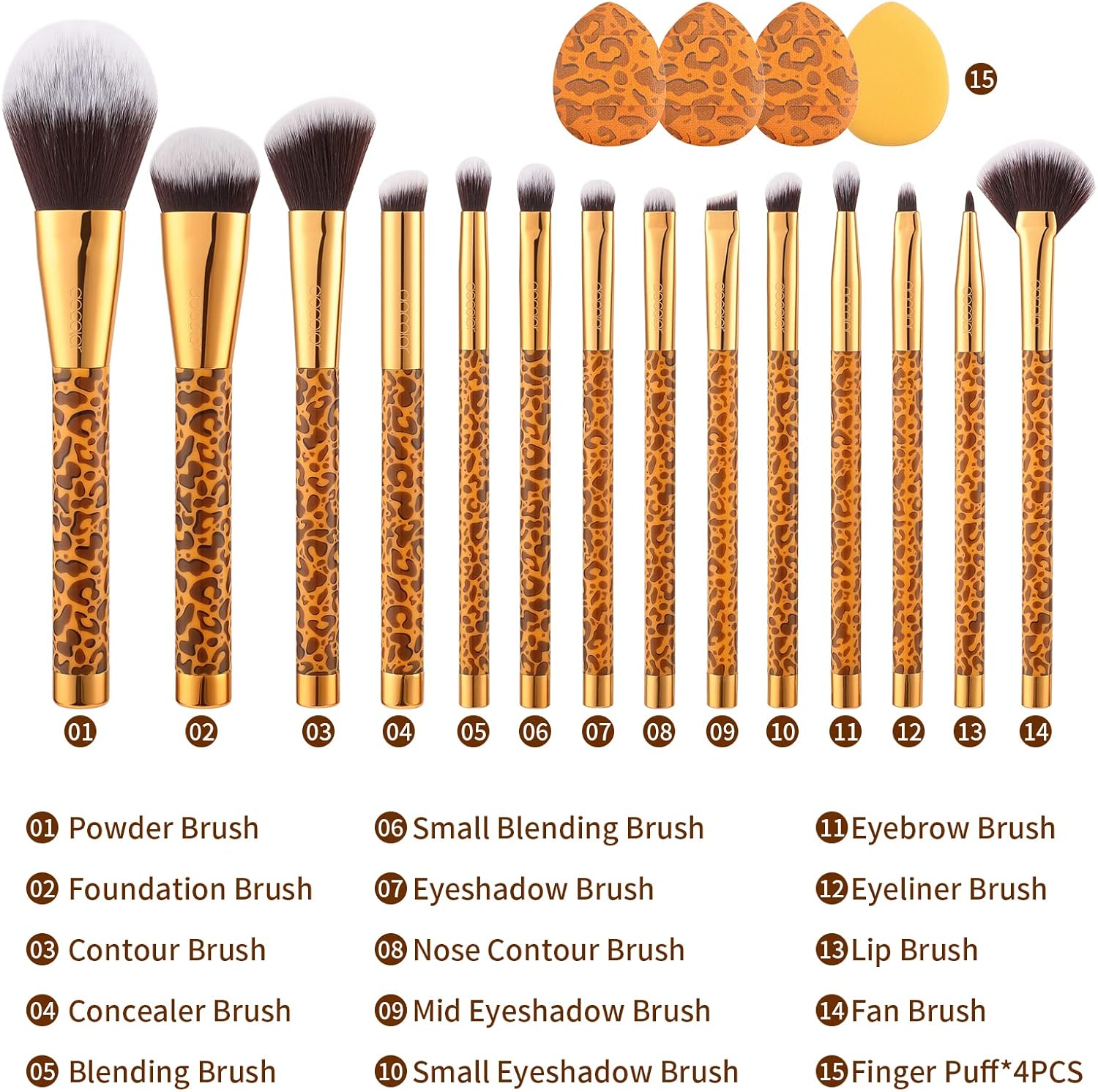 Docolor Coffret Cadeau 14 Pièces Pinceaux de Maquillage Imprimé Léopard Doré