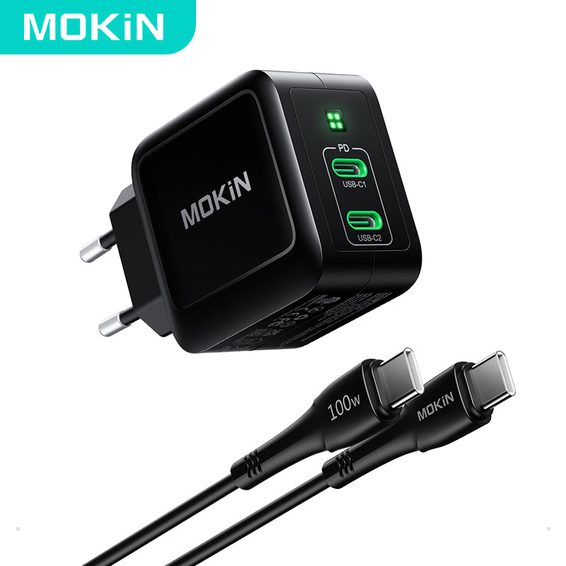 MOKiN PD67W GaN Chargeur double USB-C (UE), Noir, avec câble USB-C 1,2 m