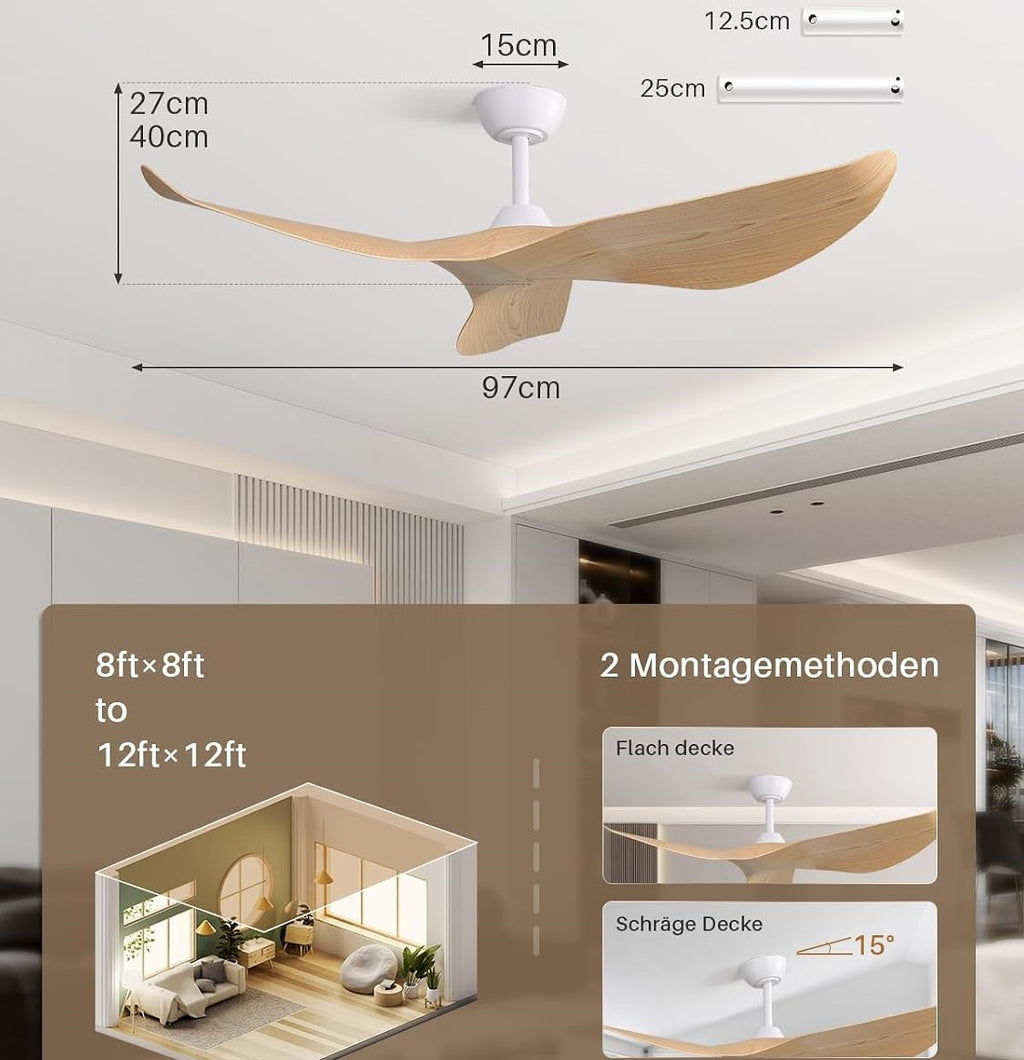 Sofucor 38k009 38 pouces Ventilateur de plafond à tige blanche sans lumière avec pales en ABS naturel