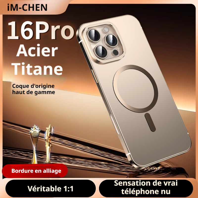 Coque pour iPhone 16 Pro, cadre en alliage, protection antichoc en métal, couleur d’origine, anneau magnétique MagSafe, or désert, 1 pièce