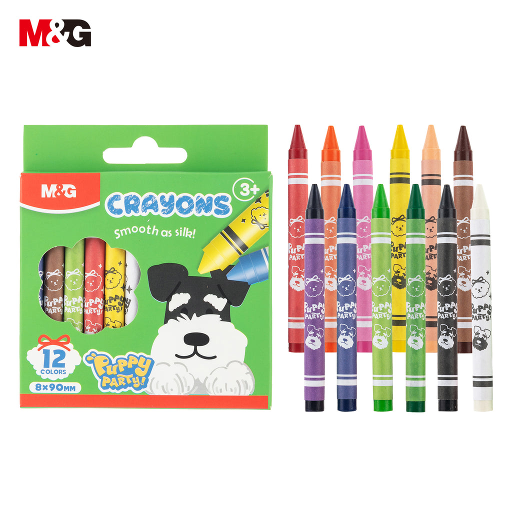 M&G Crayons de couleur Fête des chiots, 12 couleurs, ronds pré-taillés non toxiques pour enfants, fournitures pour classe de maternelle, cadeaux pour 3 ans et plus