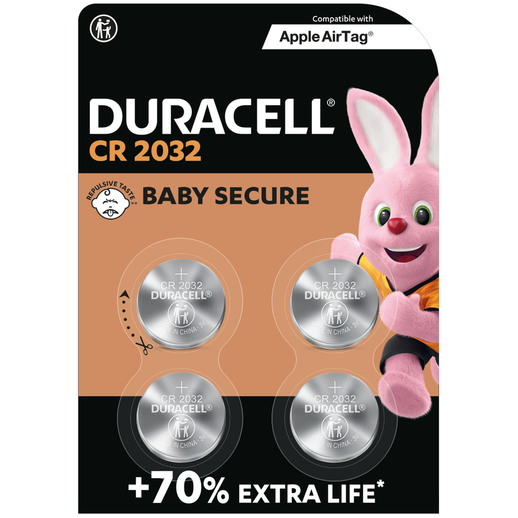 Duracell CR2032 Piles bouton au lithium 3 V (Lot de 4) – Jusqu’à +70 % plus longue durée – Technologie sécurité enfant – Recommandées pour Apple AirTag® – Pour clés électroniques