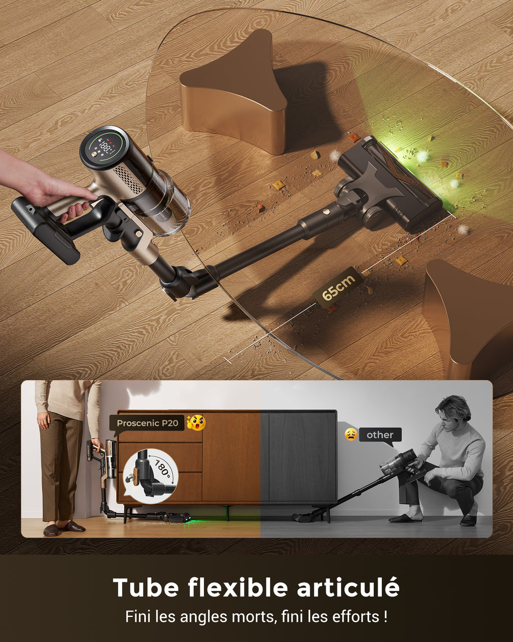P-2O aspirateur balai sans fil avec fonction laveur, 70 kPa/680 W, autonomie 70 min, tube pliable et flexible, détection GreenEye, anti-emmêlement, autotient, léger