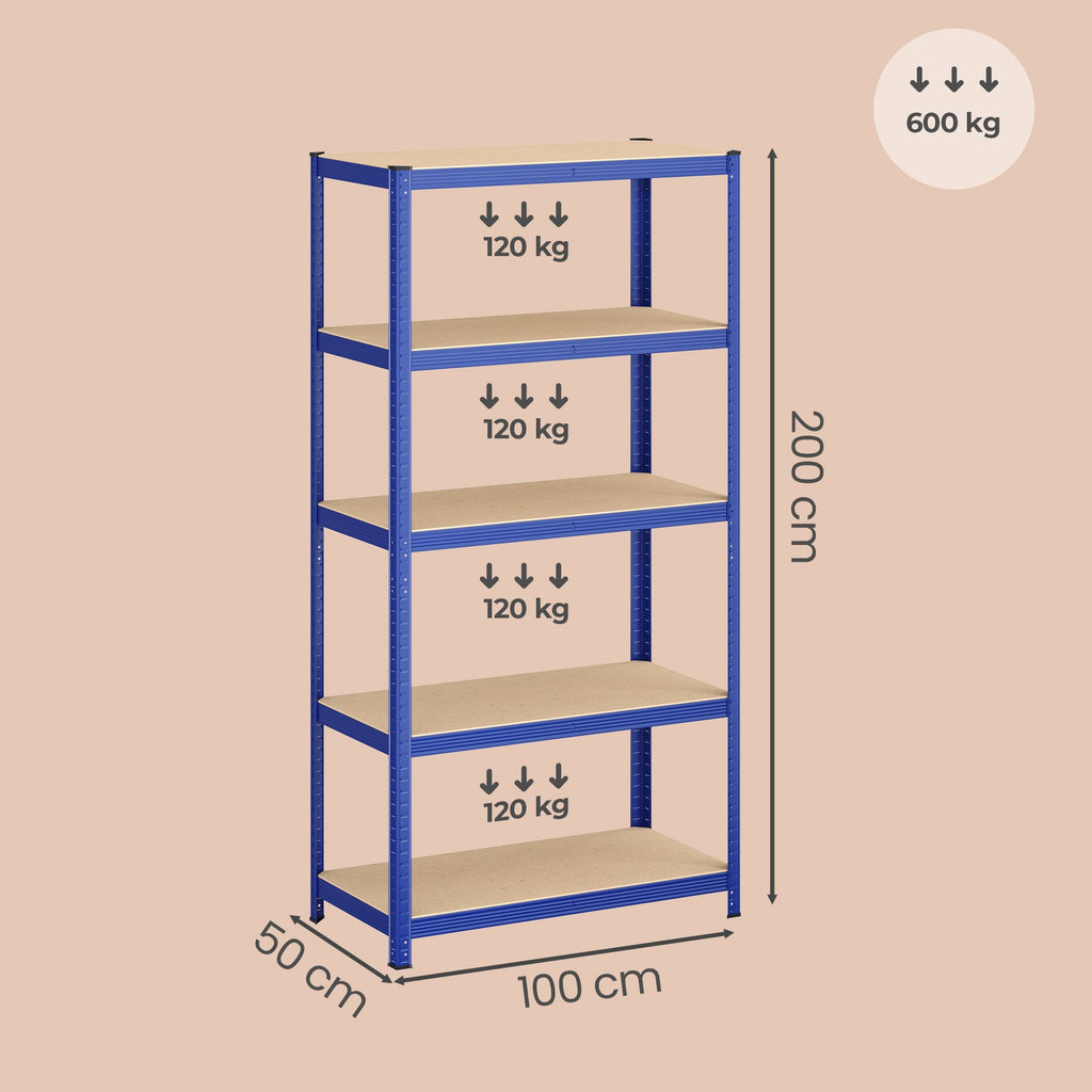 Ochama Étagère de rangement en acier à 5 niveaux, Montage sans outils, Pour garage et abri, Capacité de charge 600 kg, 50 x 100 x 200 cm, Bleu