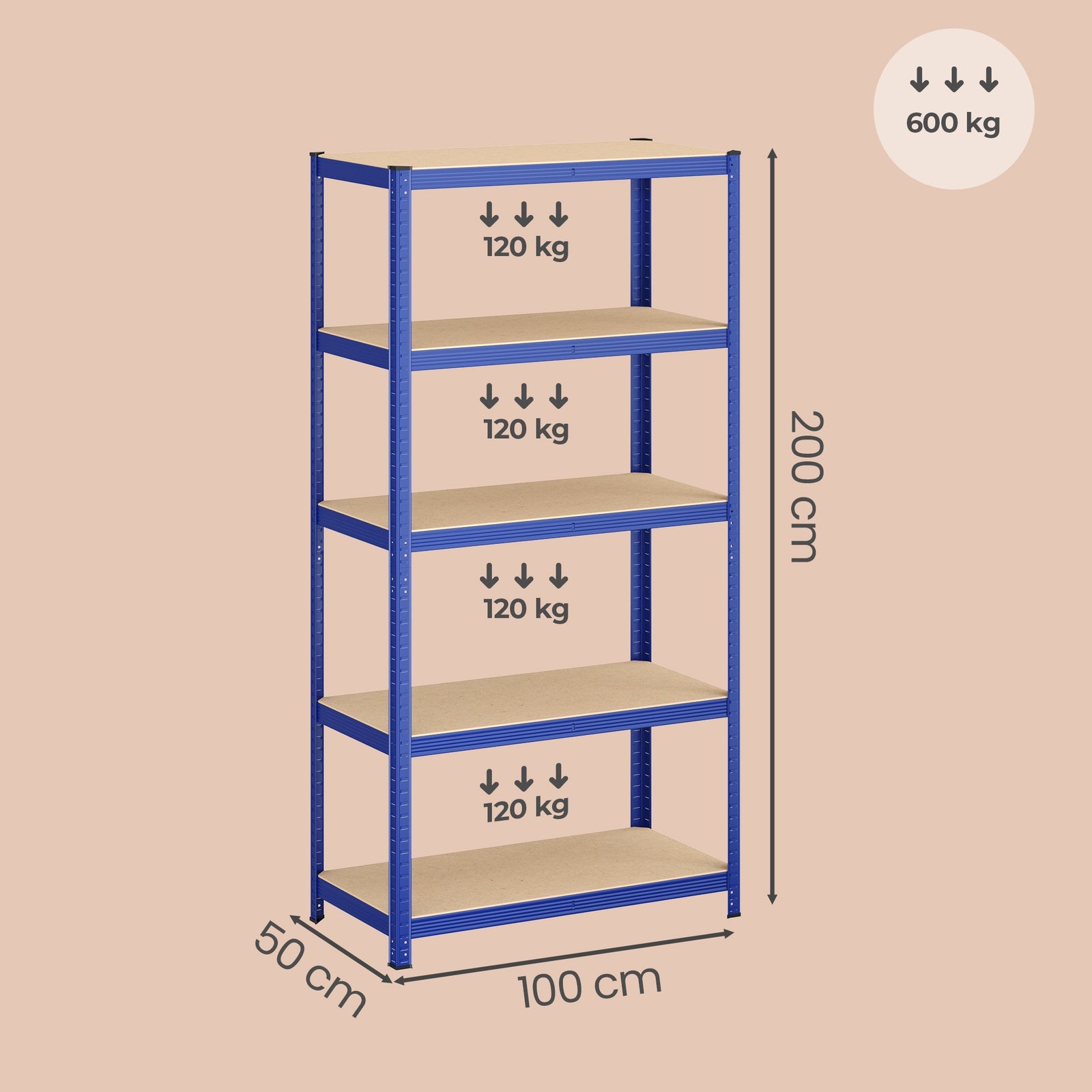 Ochama Étagère de rangement en acier à 5 niveaux, Montage sans outils, Pour garage et abri, Capacité de charge 600 kg, 50 x 100 x 200 cm, Bleu
