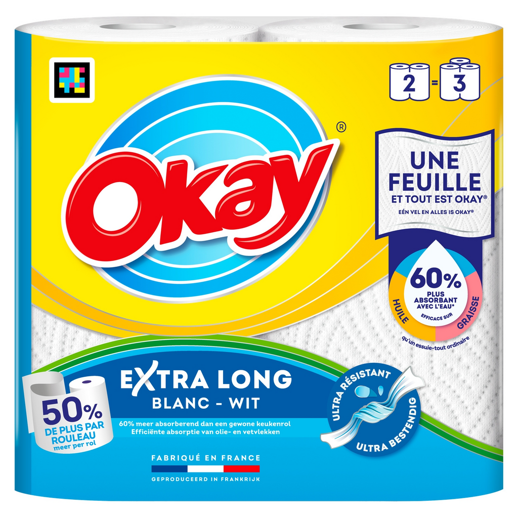OKAY Essuie-tout de Cuisine Extra Long Blanc, 2 Rouleaux
