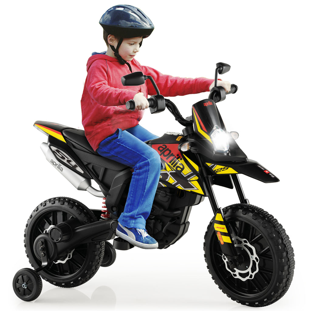 Moto électrique pour enfants 12 V avec roues d'apprentissage, modèle sous licence Aprilia, noir