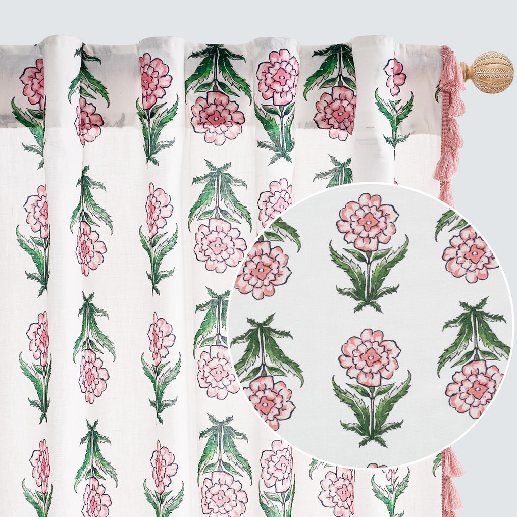 Rideaux Lin Fleuris PONY DANCE pour Salon – Épais et Résistants en Mélange Coton Lin, Panneaux de Fenêtre Bohème Verticaux avec Pompons pour Chambre/Maison de Campagne, Lot de 2, 132 x 220 cm, Rose