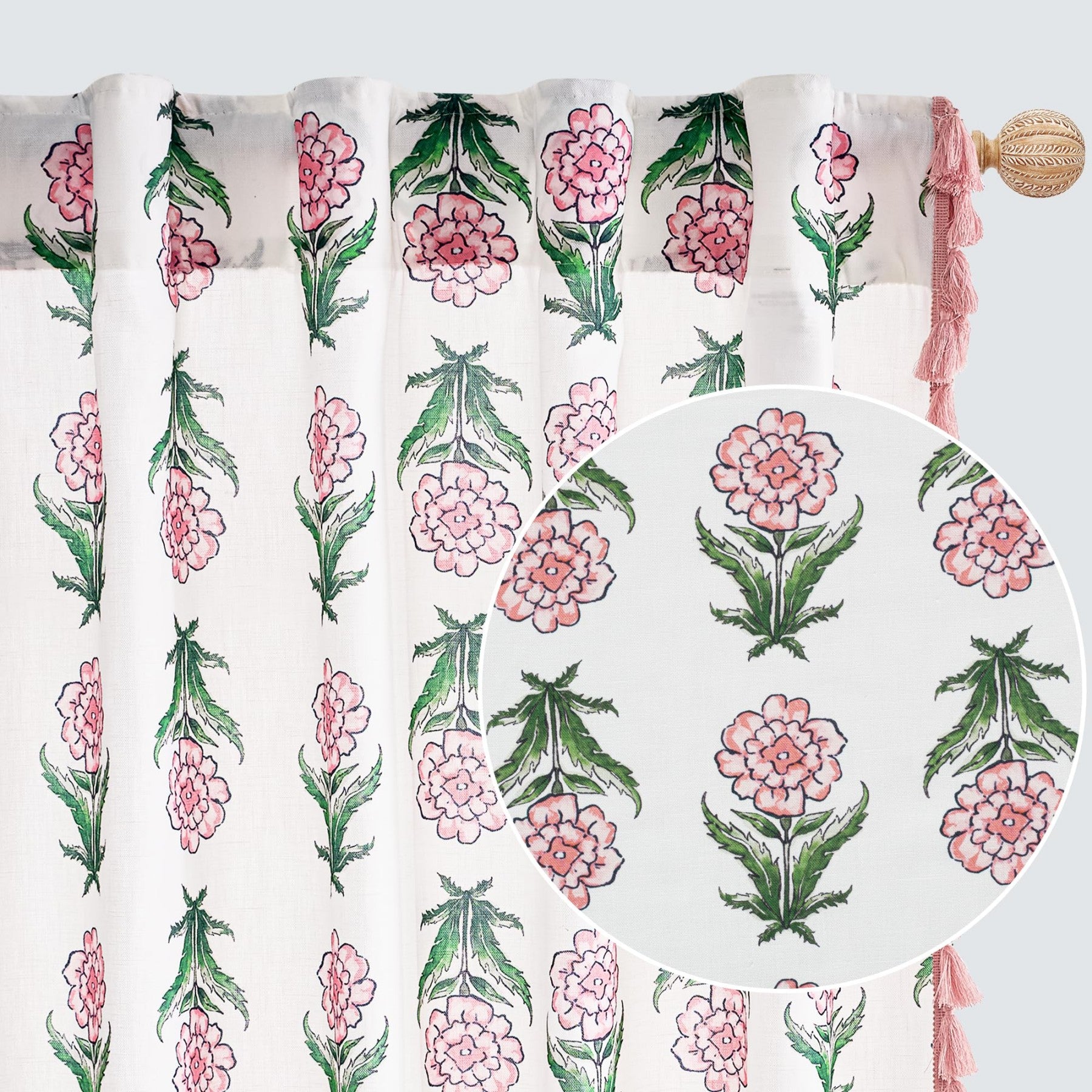 Rideaux Lin Fleuris PONY DANCE pour Salon – Épais et Résistants en Mélange Coton Lin, Panneaux de Fenêtre Bohème Verticaux avec Pompons pour Chambre/Maison de Campagne, Lot de 2, 132 x 220 cm, Rose