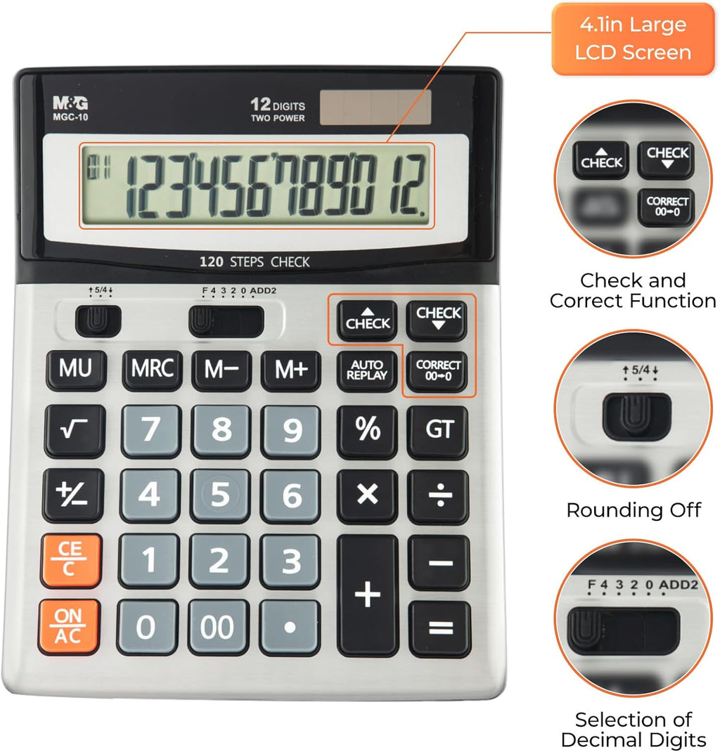 M&G Calculatrice de bureau 12 chiffres avec écran LCD extra-large, fonction de vérification et de correction, double alimentation solaire et batterie, touches larges