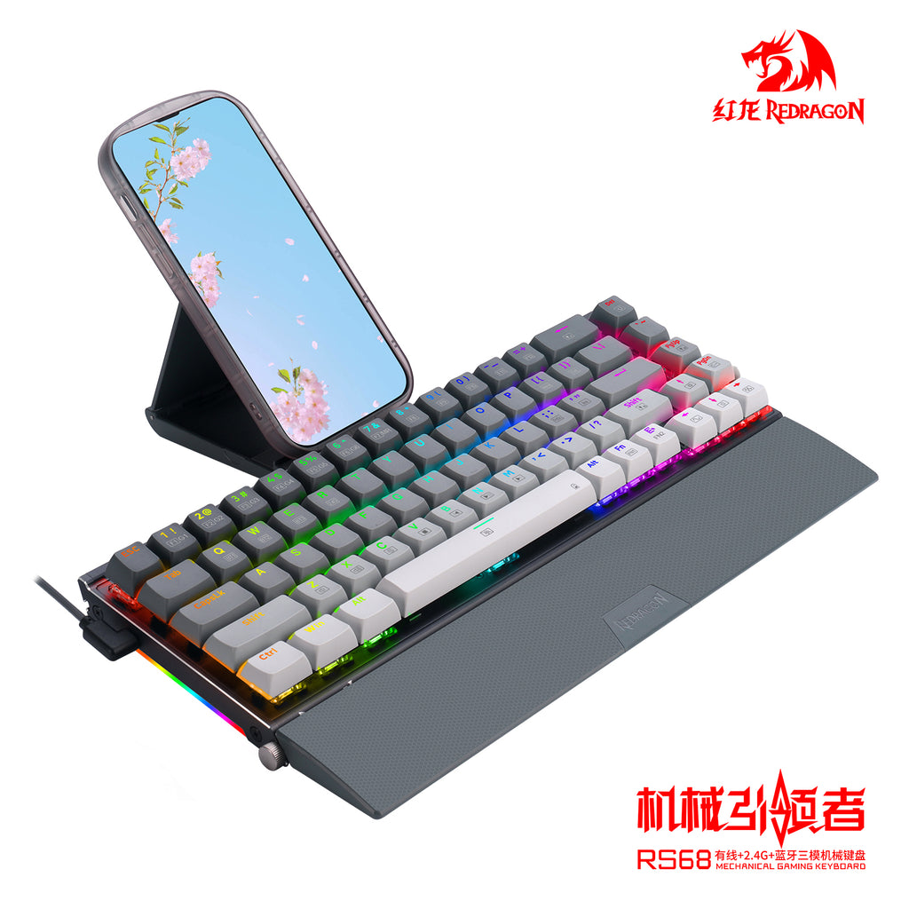 RS68 3e examen blanc - clavier mécanique sans fil en alliage d’aluminium, supports de switchs, remplacement à chaud, repose-poignet détachable, clavier gaming e-sport pour bureau, gris sidéral