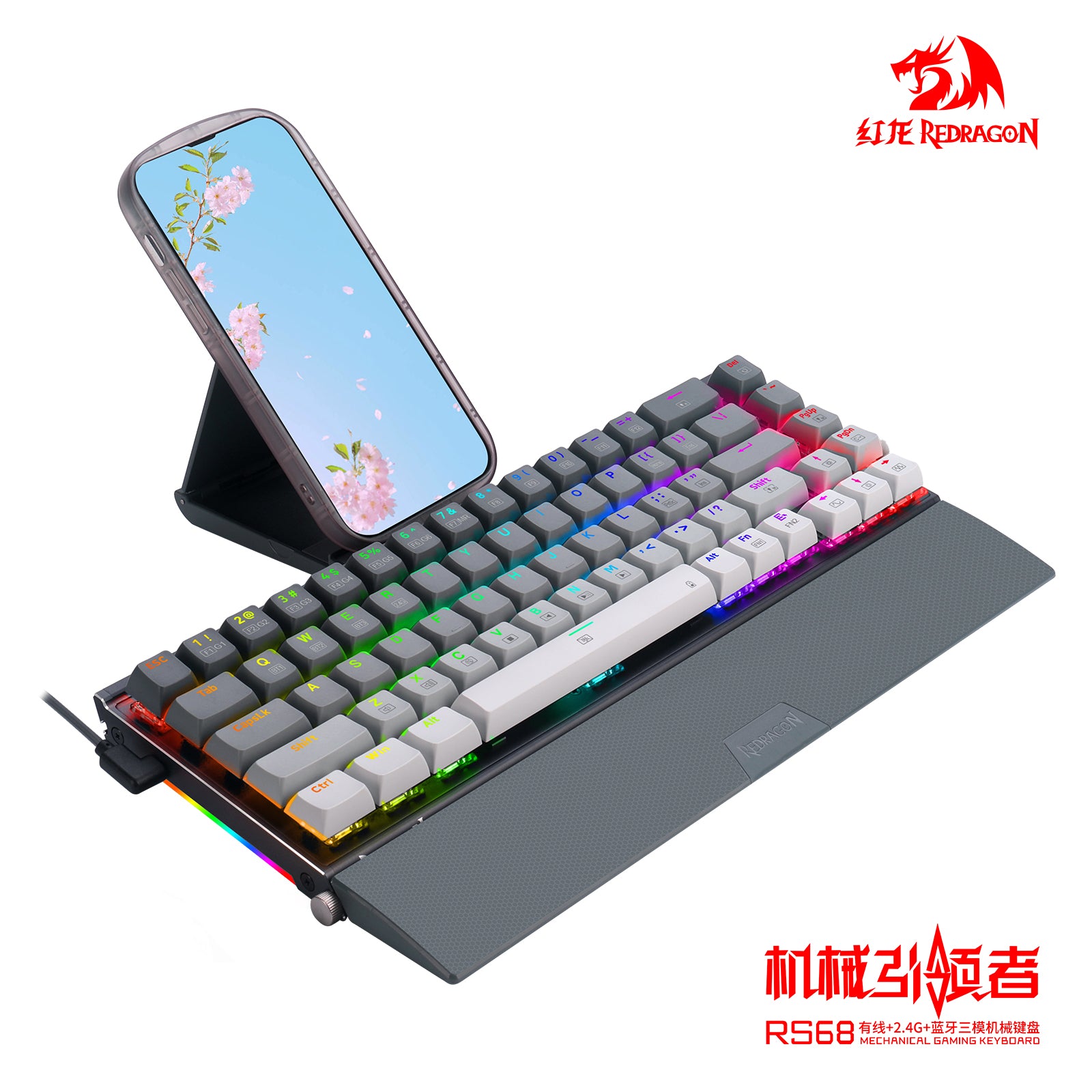 RS68 3e examen blanc - clavier mécanique sans fil en alliage d’aluminium, supports de switchs, remplacement à chaud, repose-poignet détachable, clavier gaming e-sport pour bureau, gris sidéral