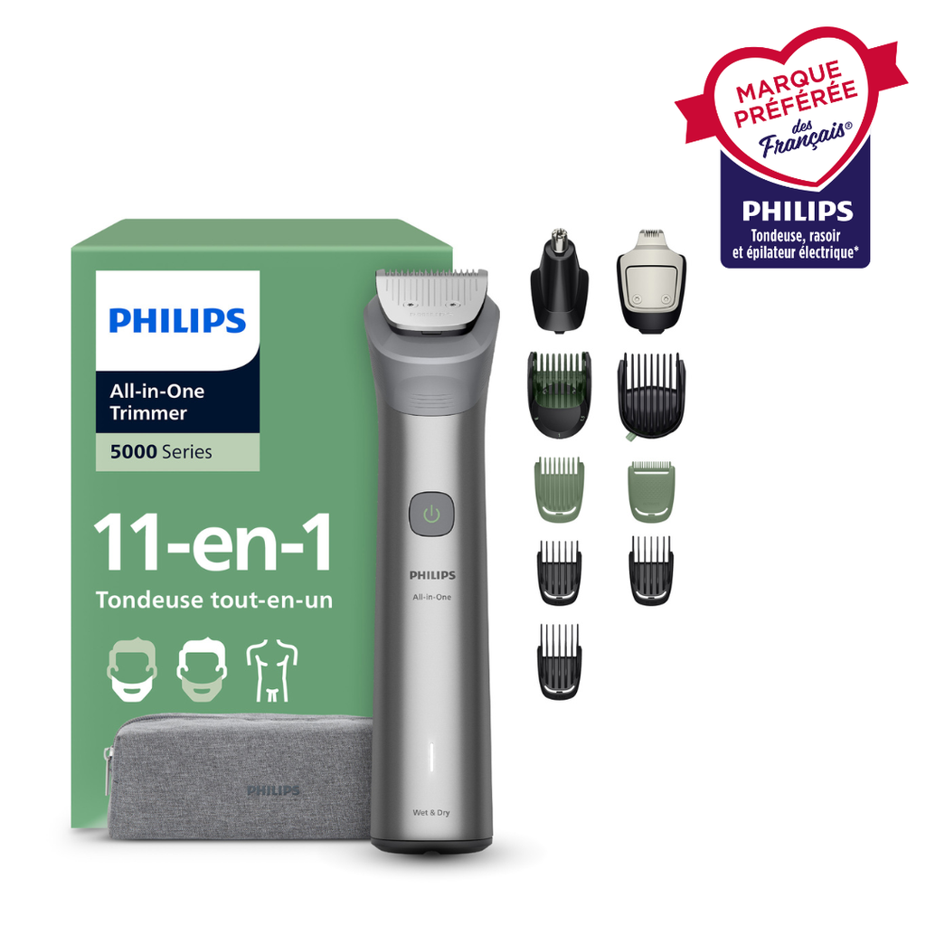 PHILIPS Series 5000 MG5941/15 - Tondeuse 11-en-1, visage + cheveux + corps, lames métalliques auto-affûtées, technologie BeardSense, 11 accessoires et 13 hauteurs de coupe (0,5 à 16 mm). Autonomie de 120 min, recharge USB, 100 % étanche, pochette sou