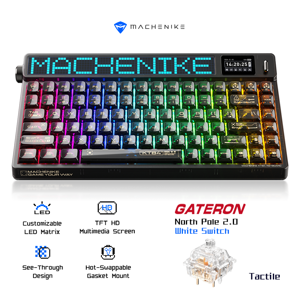 MACHENIKE KT84-B84W Clavier mécanique 75 % triple mode, Disposition QWERTY américaine, Interrupteurs Gateron blancs, Noir