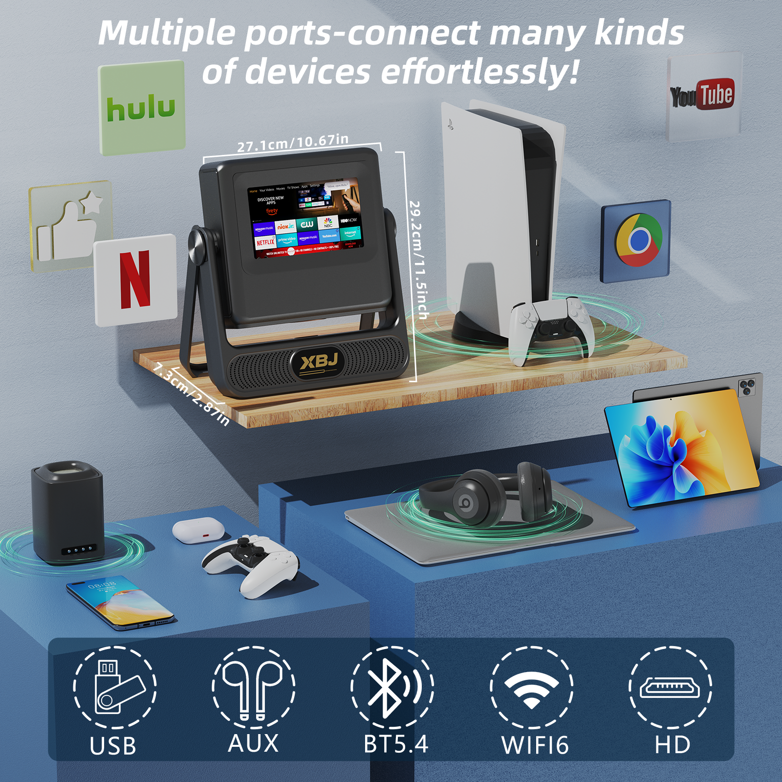 XBJ Projecteur d'extérieur XBJ avec tablette tactile, écran de 300 pouces, 1080P/4K, avec système Android, 900 ANSI, WiFi 6, compatible avec PS5/Switch, A5Pro - Gris