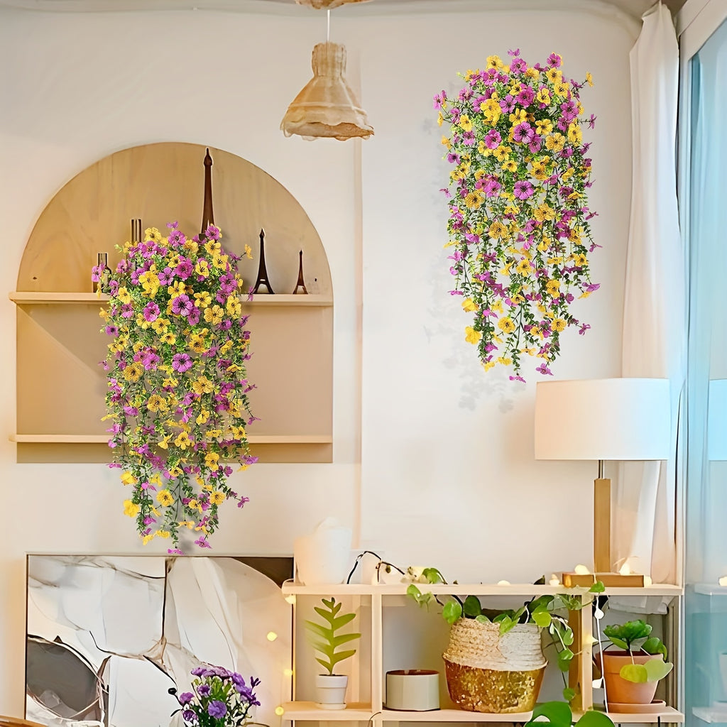 Yuejia 4 pièces 29,5 po/75 cm Fleurs et plantes artificielles suspendues pour décoration extérieure, Faux chrysanthèmes et violettes avec eucalyptus