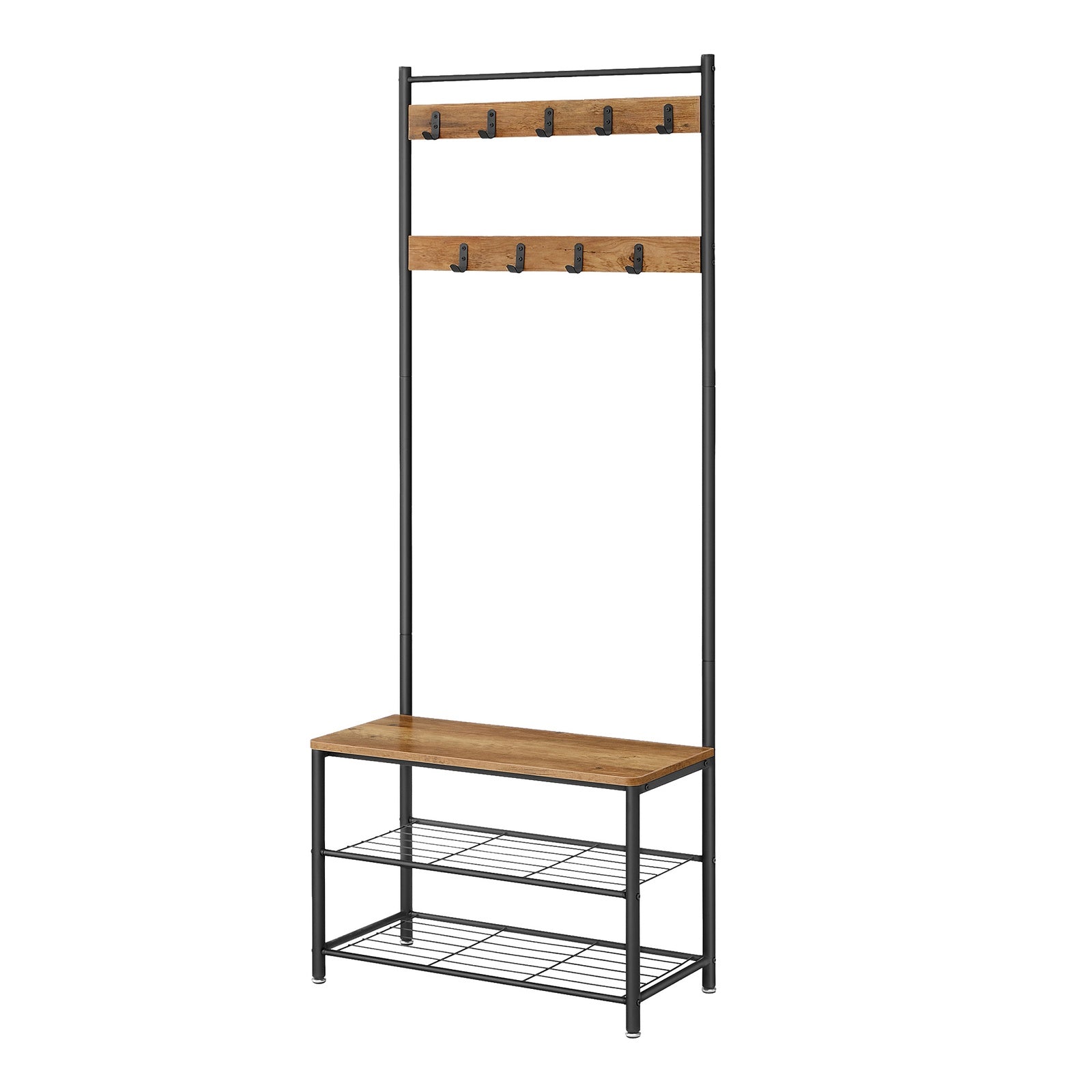 JOYFURNOS Portemanteau, 32 x 70 x 177 cm, Vestiaire avec Banc de Rangement pour Chaussures, Style Industriel, Marron et Noir
