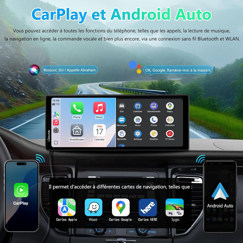CARPURIDE stéréo de voiture portable, V92 Wireless Carplay & Android Auto, radio tactile 10,26 pouces 1080P HD avec BT 5.0, prise en charge Mirror Link