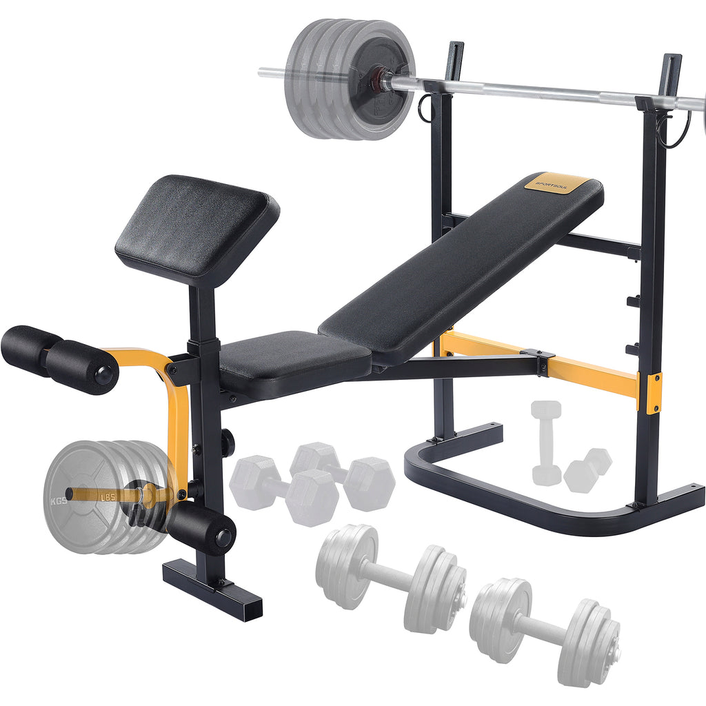 SPORTSOUL Banc d'haltérophilie réglable avec développateur de jambes et rangement pliable, convient aux barres de 6' et 7', équipement de gym pour la maison et le commercial