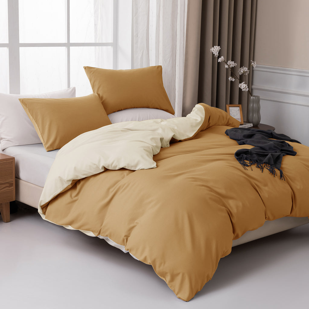 MENDALE Parure de lit premium - Housse de couette 260 x 240 cm avec taie d'oreiller 65 x 65 cm - Microfibre brossée douce - Marron et Jaune