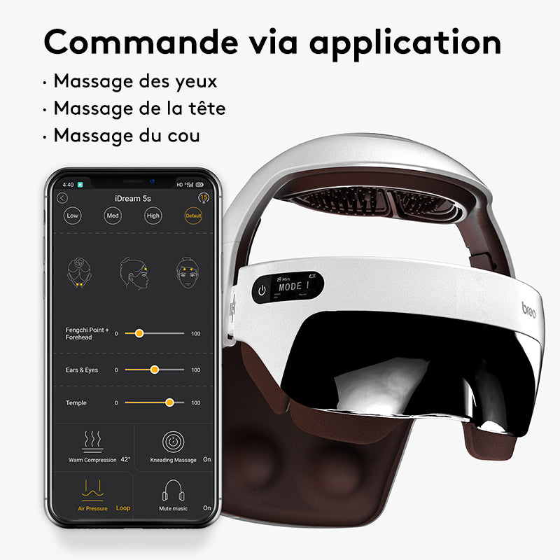 breo iDream5s appareil de massage intelligent pour la tête, massage chauffant par pétrissage et pression pour les yeux et le cou, casque de massage