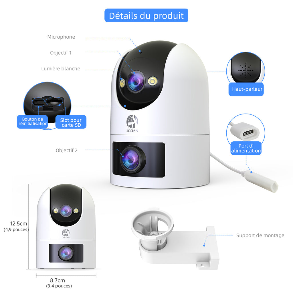JOOAN W8-U X Caméra de sécurité intérieure/extérieure à double objectif, Wi-Fi double bande 2,4 GHz/5 GHz, vue 360°, IP66, vision nocturne couleur, enregistrement 24 h/24 et 7 j/7, suivi automatique, audio bidirectionnel, stockage en nuage/sur carte,