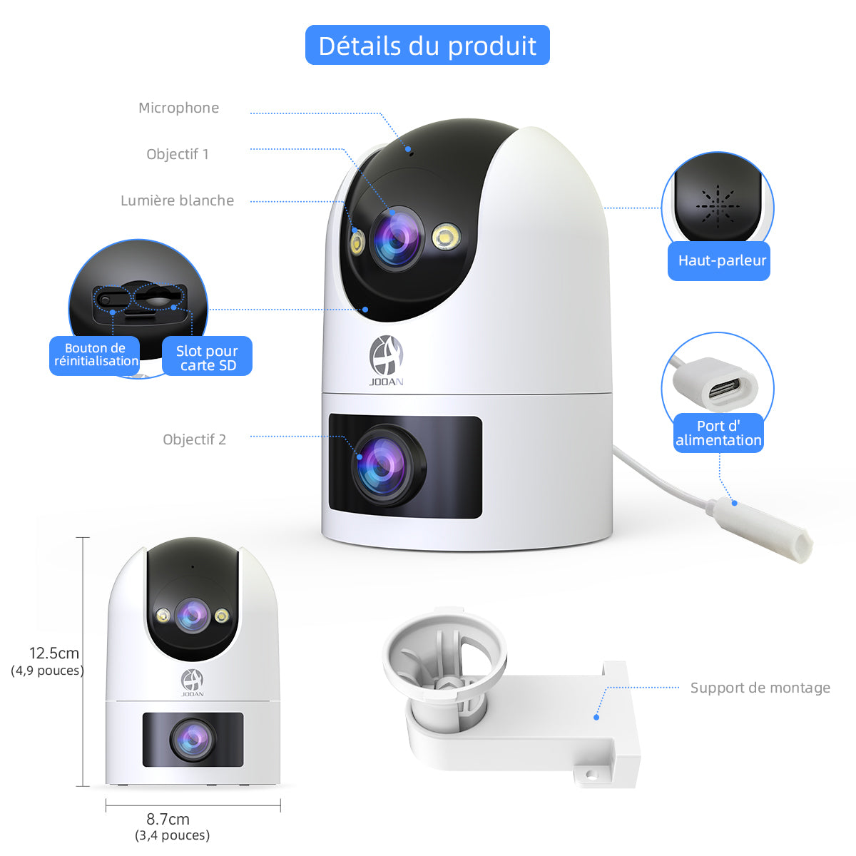JOOAN W8-U X Caméra de sécurité intérieure/extérieure à double objectif, Wi-Fi double bande 2,4 GHz/5 GHz, vue 360°, IP66, vision nocturne couleur, enregistrement 24 h/24 et 7 j/7, suivi automatique, audio bidirectionnel, stockage en nuage/sur carte,