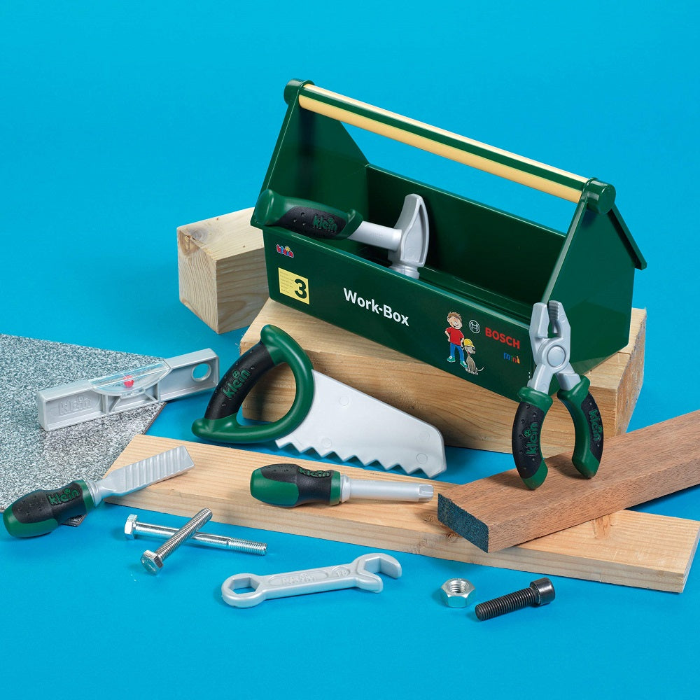 Theo Klein Boîte à outils 8573, Lot de 7 pièces, Stable avec poignée de transport, 30,25 cm x 14 cm x 17,25 cm, Âge 3+