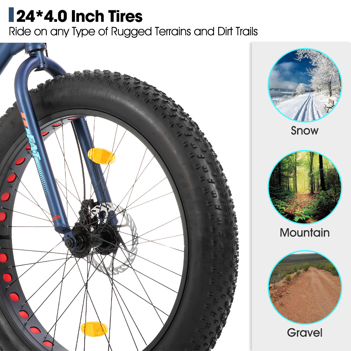 Hiland Roon VTT à pneus larges pour enfants, adolescents et adultes, standard européen, Shimano 7 vitesses, double frein à disque, bleu, 24 po