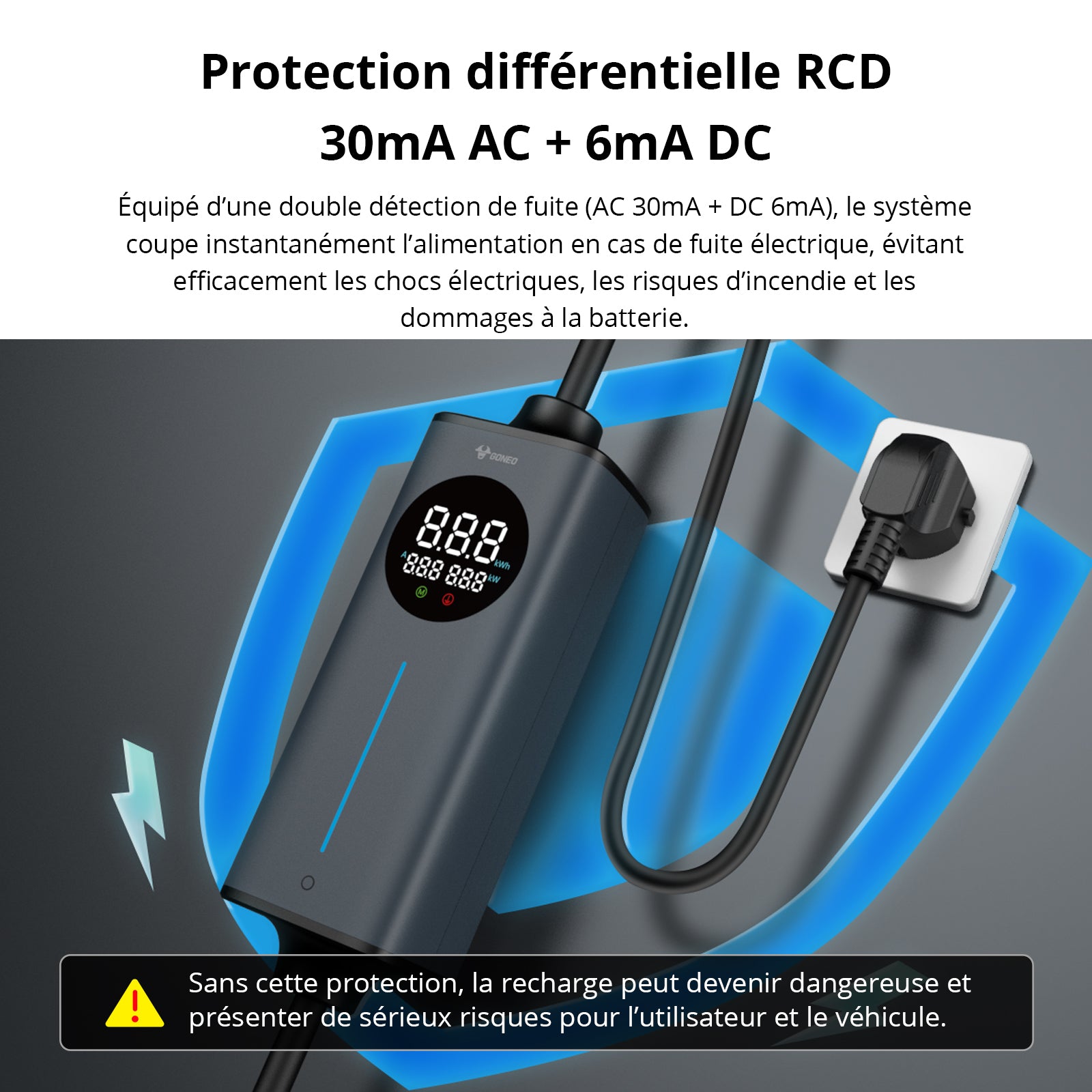 GONEO Chargeur de voiture électrique portable Type 2, prise Schuko 16 A 3,68 kW 10 m avec disjoncteur différentiel 30 mA + 6 mA, protection DC, minuterie et économie d'énergie