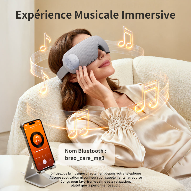 breo EM005 masseur chauffant des tempes et des yeux, meilleur masseur oculaire pour migraines, maux de tête et yeux secs, masseur oculaire rechargeable portable pour relaxation et sommeil avec musique