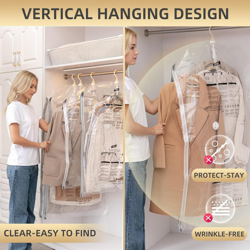 Taili Sacs de rangement sous vide à suspendre gain de place pour vêtements, costumes et vestes, organiseurs de placard, lot de 6 jumbo transparent