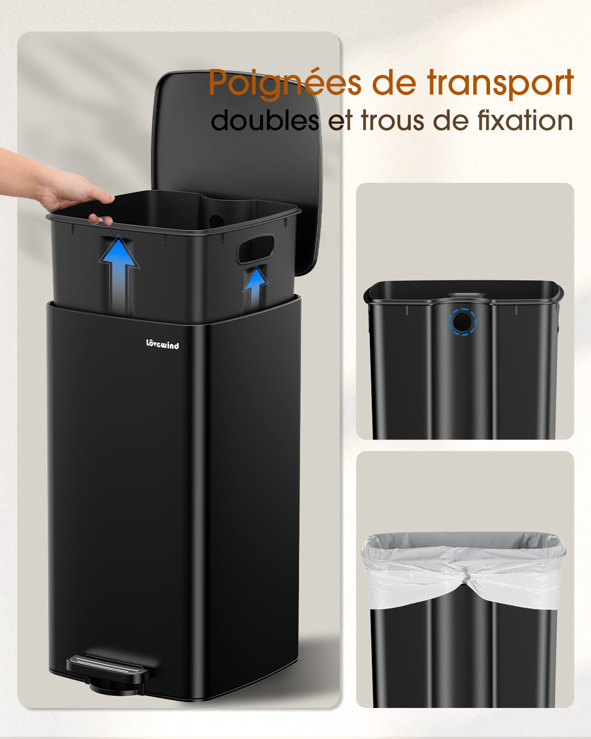 Lovewind Poubelle de cuisine avec couvercle, 8 gallons/30 L poubelle à pédale pour cuisine chambre bureau à domicile, Poubelle de 30 litres bac à déchets en acier inoxydable brossé avec couvercle à fermeture douce, noir
