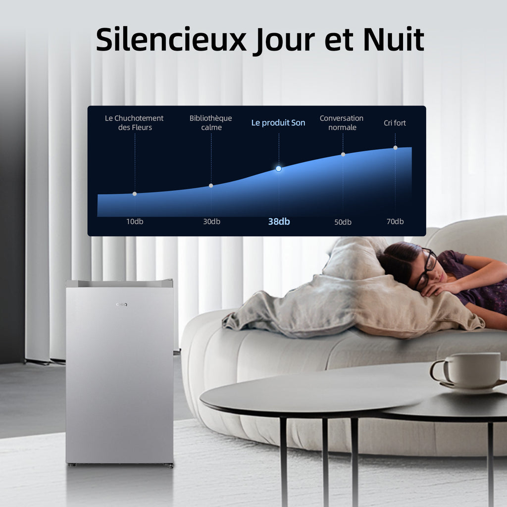 CHiQ JR63DSD Congélateur vertical 63 L, congélation rapide 4 étoiles, design compact 47 cm de large, silencieux 38 dB, dégivrage manuel, porte réversible, finition argent, classe énergétique D