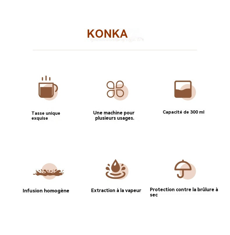 Konka Percolateur à café compact automatique 300 ml pour usage domestique, multifonction pour café et infusion aux fleurs