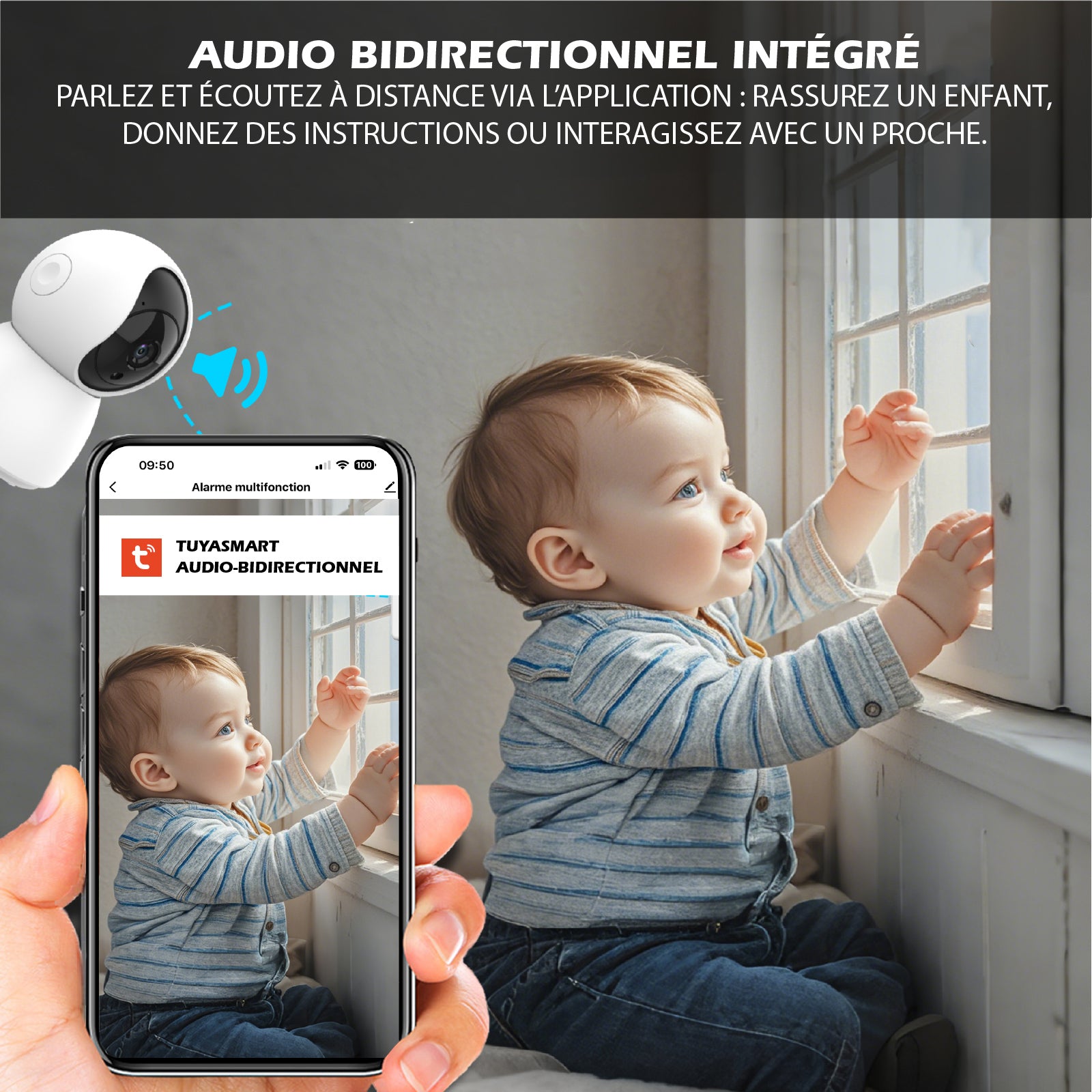 KYF Caméra de sécurité intérieure filaire rotative motorisée Full HD 4 MP avec P/T et sirène d'alarme intégrée