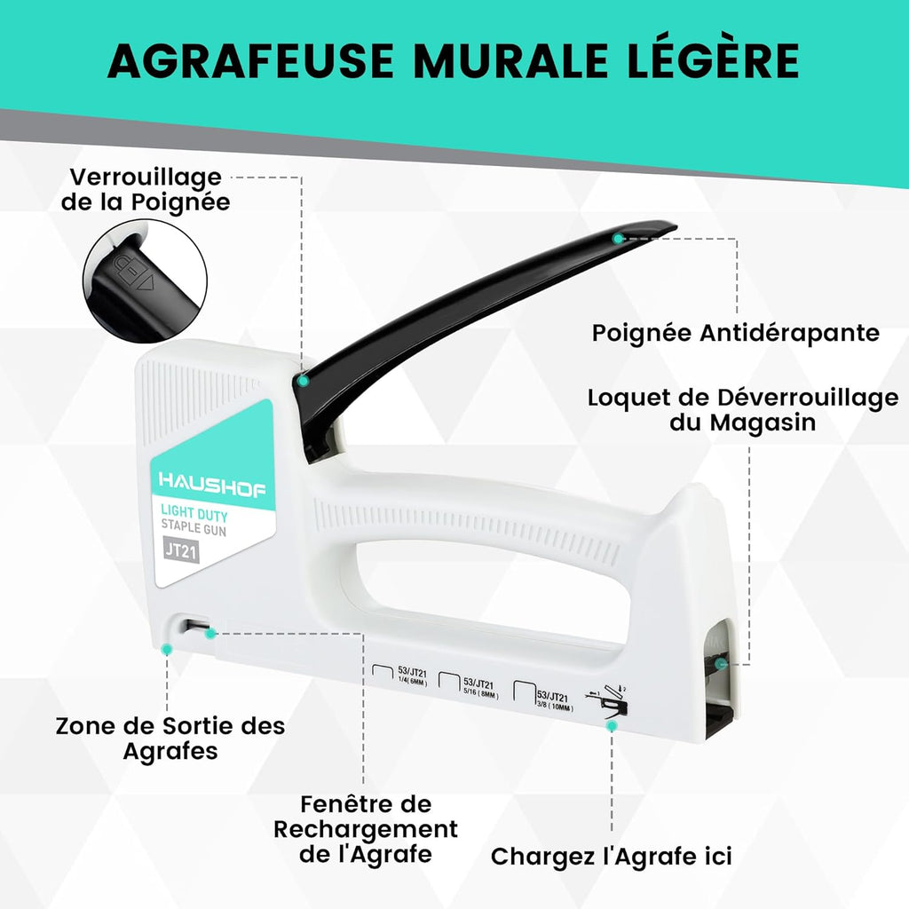 HAUSHOF Pistolet agrafeuse type 53 en plastique ABS avec extracteur d'agrafes et 800 agrafes de 8 mm pour bois, tissu, meubles et tapisserie