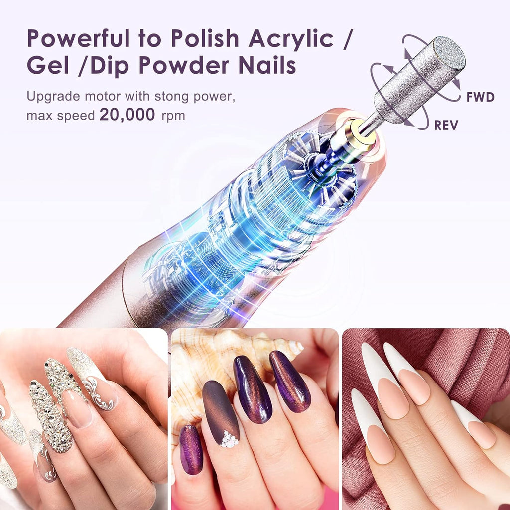 COSLUS Ponceuse à ongles sans fil Lime électrique Professionnelle pour ongles acryliques gel poudre de trempage Kit portable manucure pédicure Rechargeable Léger Or